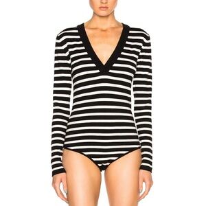 Veronica Beard Decade Striped Bodysuit Black & Cream Stripe Wool Knit Sz XS